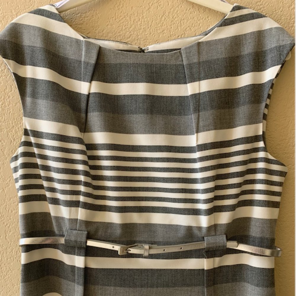 Calvin Klein Black, Cream, and Gray Striped Dress with Silver Belt Size 10